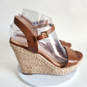 Biala Brown Perforated Leather Slingback Espadrille Wedges Platform Sandals 8.5